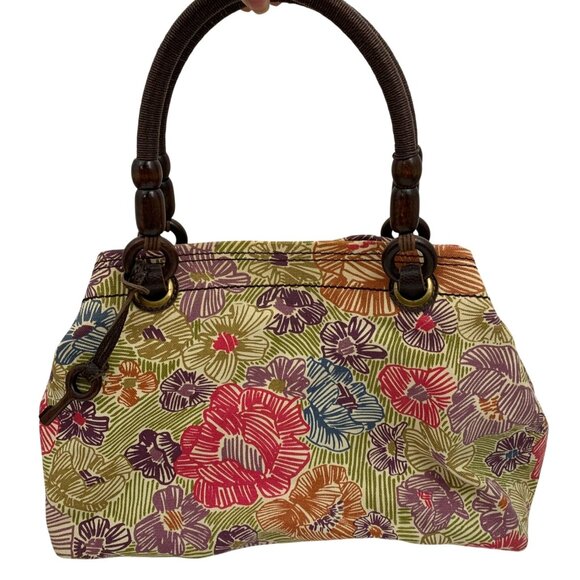 FOSSIL Floral Canvas Shoulder Bag w/ Leather Wood Trim Three Compartments - Picture 1 of 9
